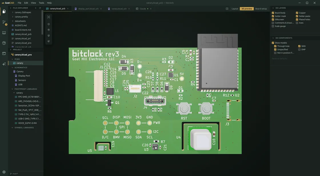 The same board in 3D preview — solder mask, silkscreen and every part's 3D model, with the 3D layer and component toggles on the right.