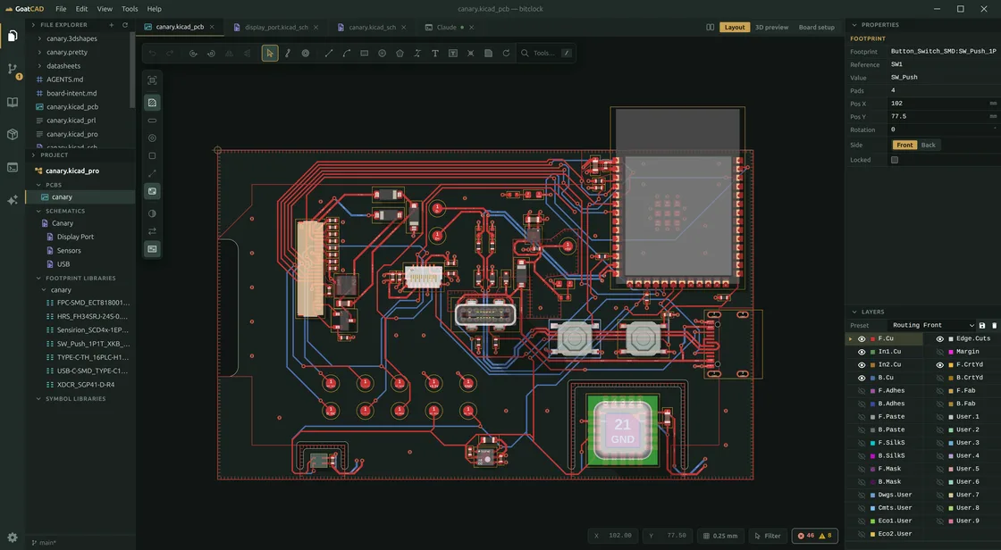 GoatCAD with a four-layer board open in the PCB editor — copper layers under the assembly overlay's part bodies, a push button selected with its properties and the full layer list on the right.