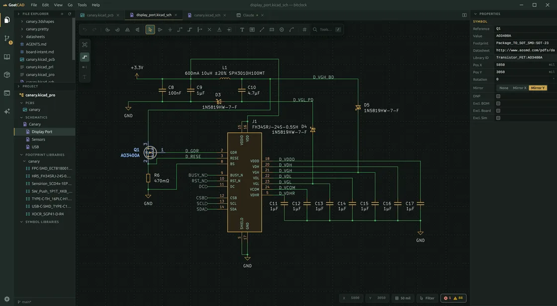The same window on the schematic tab — a display-port sheet open in the schematic editor with a MOSFET selected, project tree and sheet hierarchy on the left.
